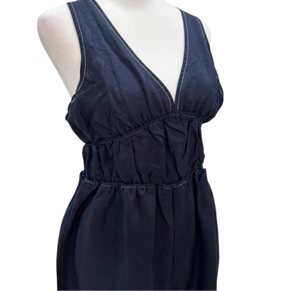 Sancia The Oda V Neck Elegant Navy Blue Smocked Linen Tencel Jumpsuit NWTA - Picture 4 of 9
